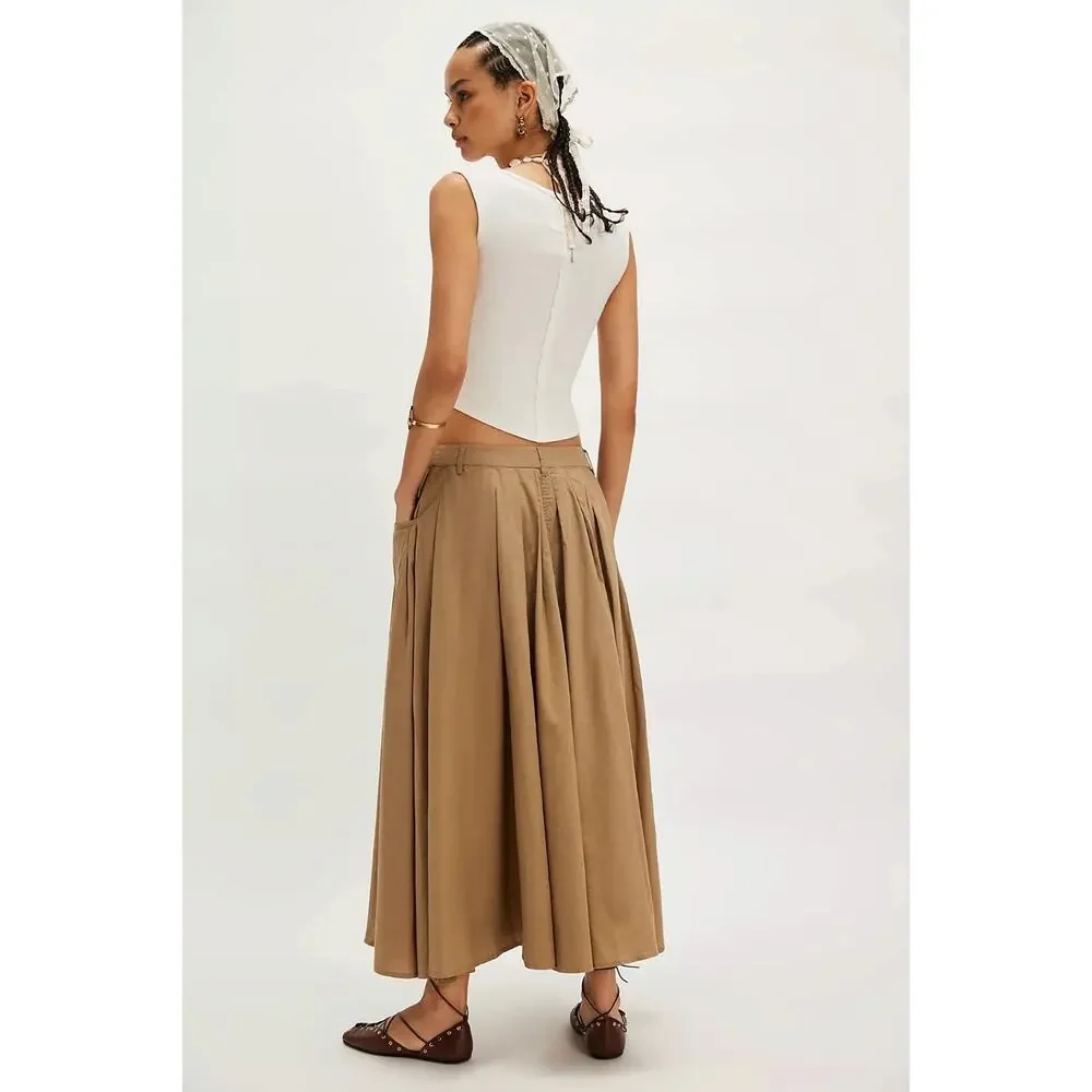 Free People All Around Midi Maxi Full Skirt Olive Tan Khaki Size Large Neutral